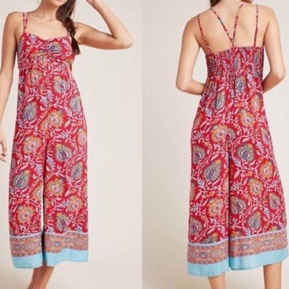 Anthropologie Marina Sleep Jumpsuit Red Paisley print Large straps women xs